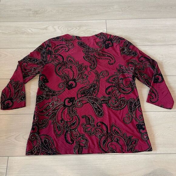 JM Collection‎ Womens Blouse PL Red/Black Velvet Beaded Paisley dark academia - Picture 2 of 8